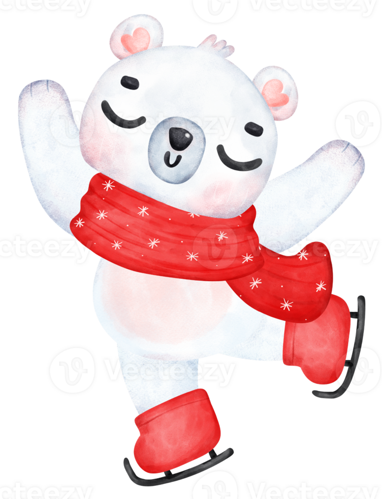 Cute joyful and happy Christmas Polar Bear Skating , Cartoon animal Watercolor png