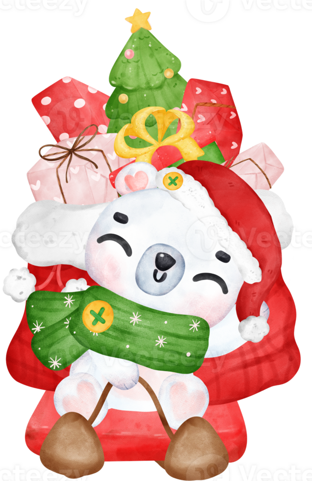 de fête Noël dessin animé illustration, mignonne polaire ours livrer cadeaux sur traîneau. png