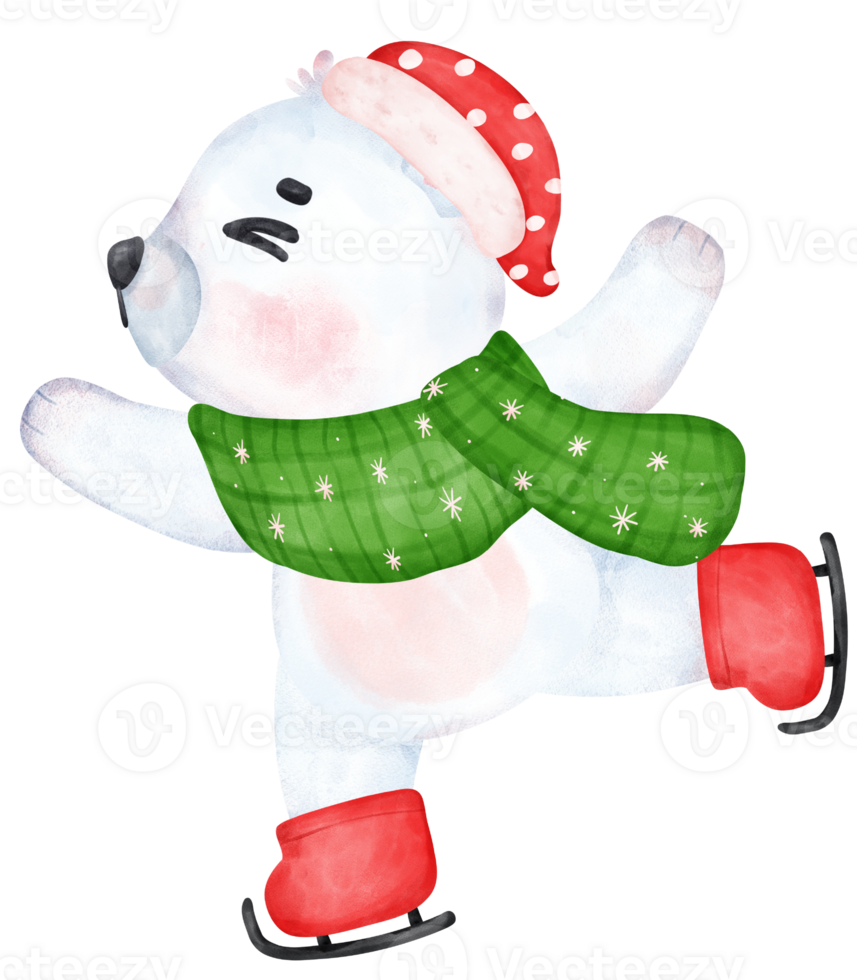 Cute joyful and happy Christmas Polar Bear Skating , Cartoon animal Watercolor png