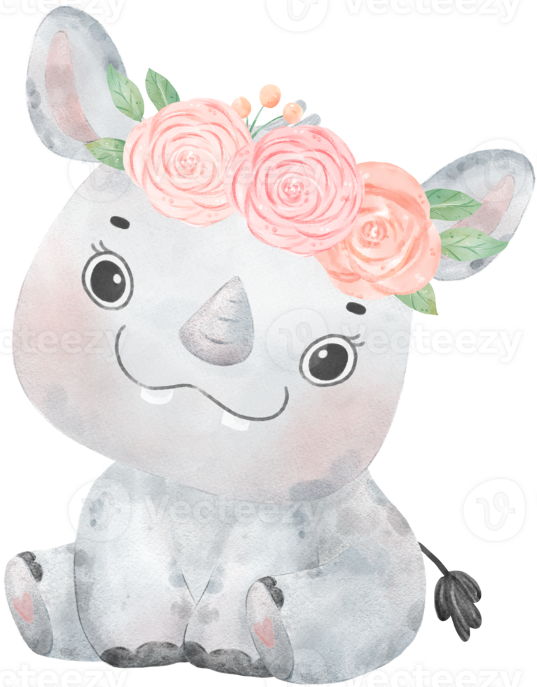 Adorable cheerful Baby Rhinoceros wild animal watercolour nursery children cartoon drawing png