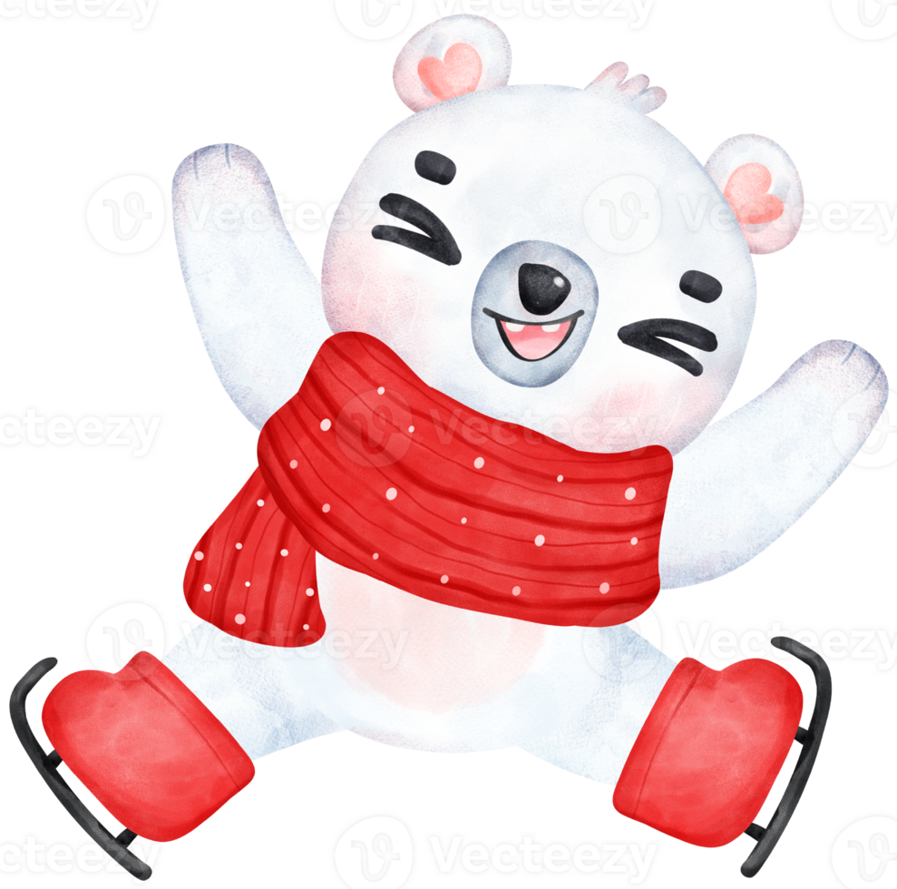 Cute joyful and happy Christmas Polar Bear Skating , Cartoon animal Watercolor png