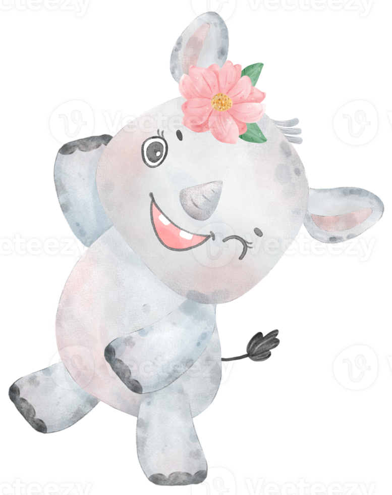 Adorable cheerful Baby Rhinoceros wild animal watercolour nursery children cartoon drawing png