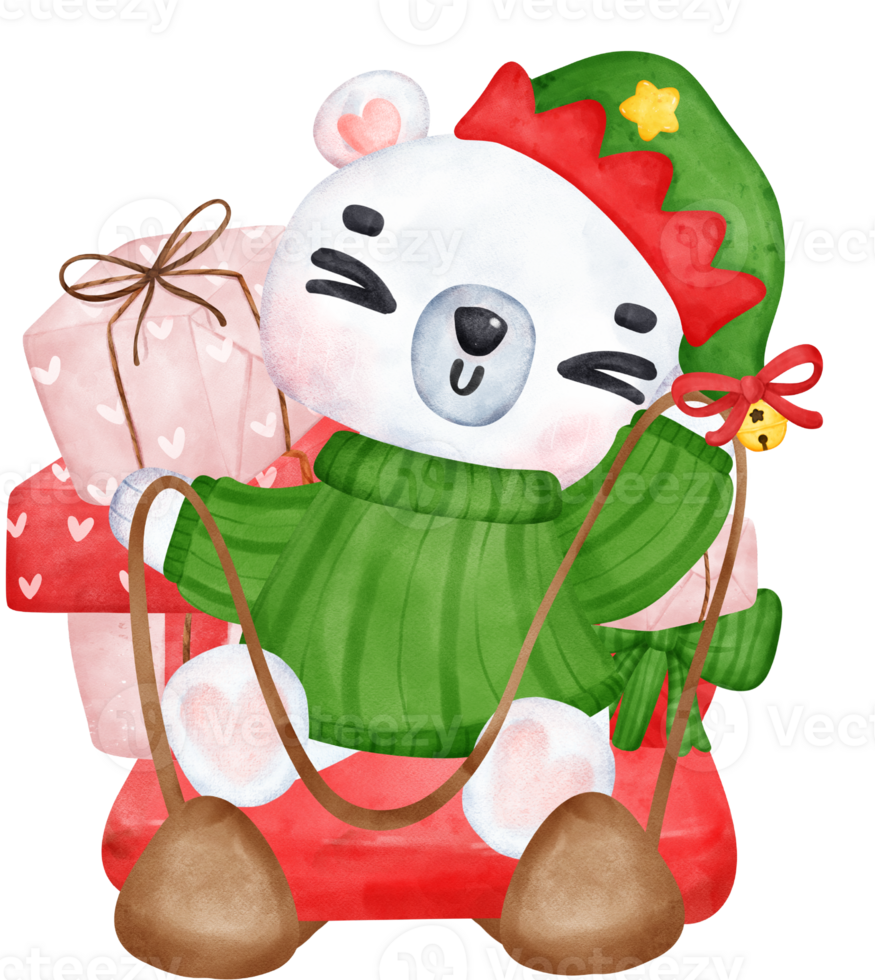 Festive Christmas Cartoon Illustration, Cute Polar Bear Delivering Gifts on Sled. png