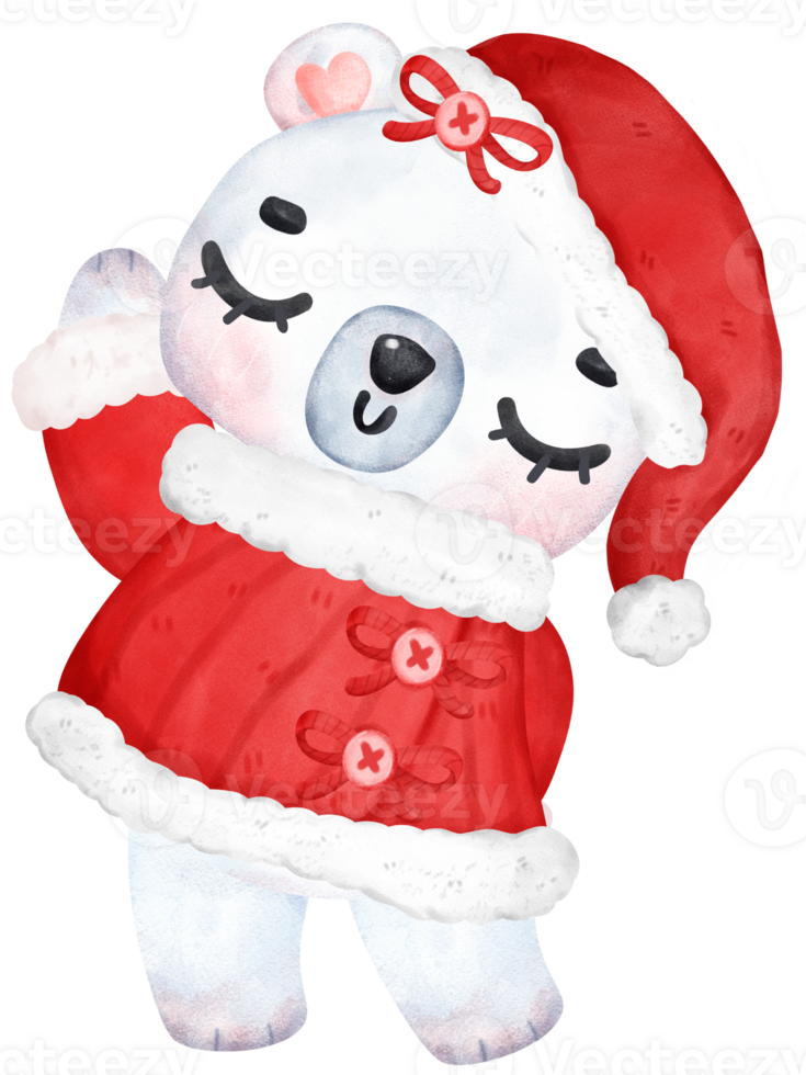 Cute Christmas Polar Bear in Santa Dress, Cartoon Watercolor Illustration png