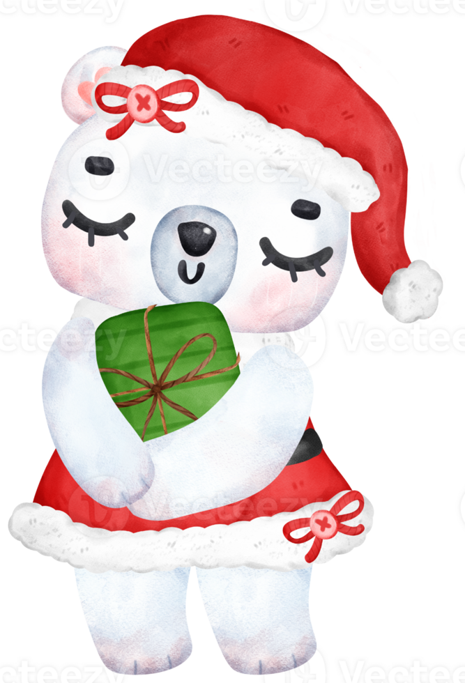 Cute Christmas Polar Bear in Santa Dress, Cartoon Watercolor Illustration png