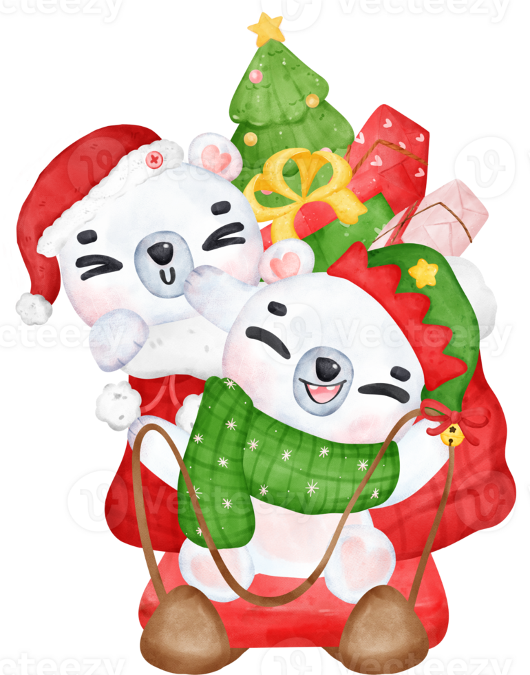 festlig jul tecknad serie illustration, söt lekfull polär björnar leverera gåvor på kälke. png