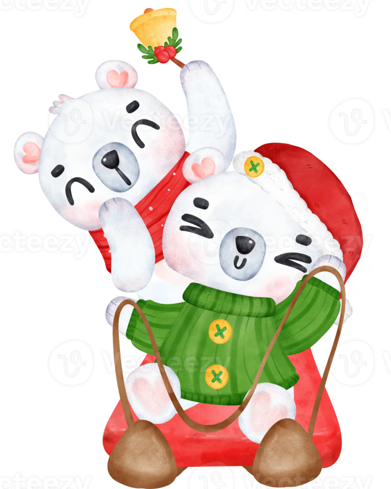 festivo Navidad dibujos animados ilustración, linda juguetón polar osos entregando regalos en trineo. png