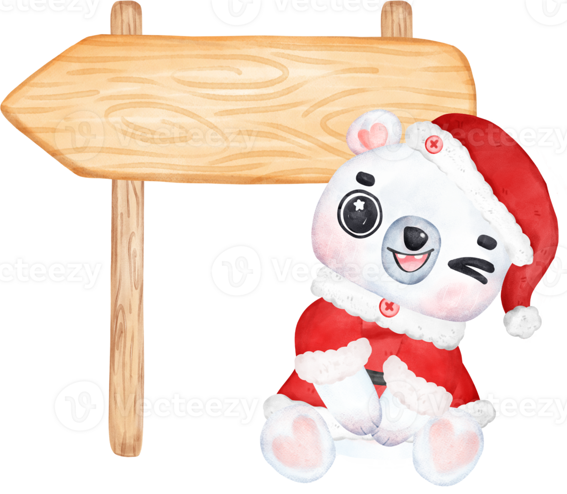 Cute Christmas Polar Bear in Santa Dress holding wooden board sign Cartoon Watercolor Illustration png