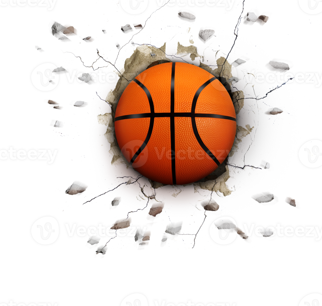 The basketball pierced through the cracked cement wall. PNG transparent