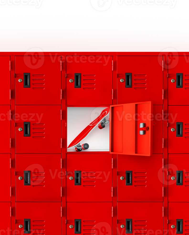 Red skateboard in a red locker with an open lid. PNG transparent