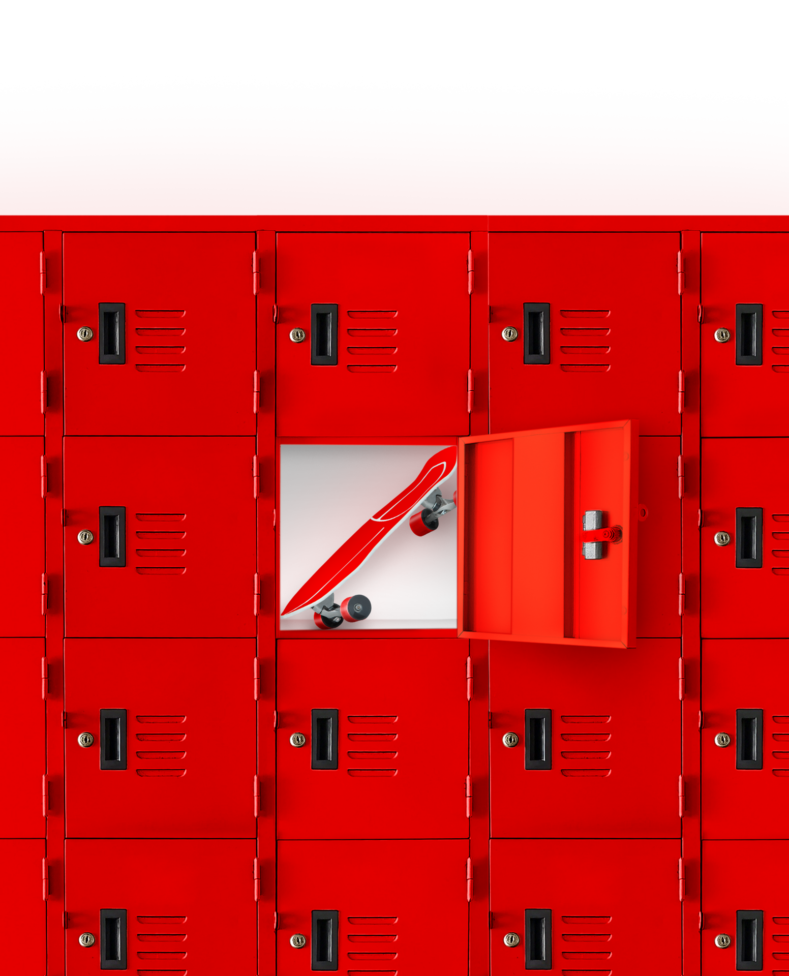 Red skateboard in a red locker with an open lid. PNG transparent 25140891 PNG