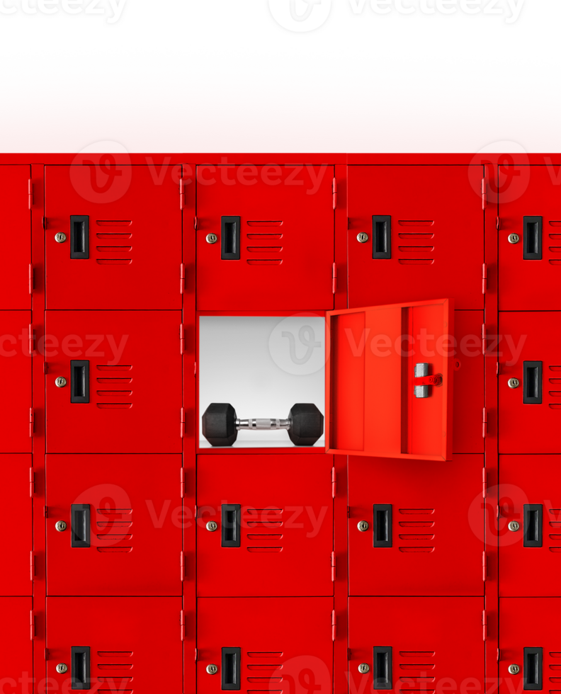 Dumbbells in the red lockers inside the gym PNG transparent