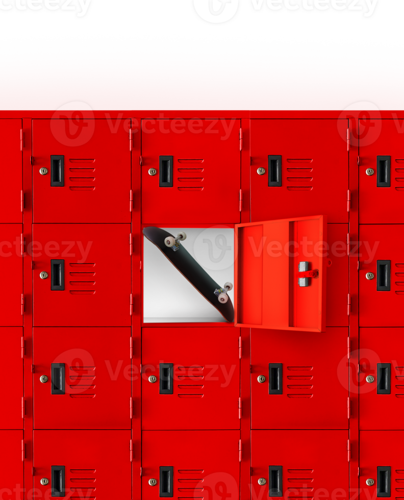 Skateboard in red locker inside gym PNG transparent