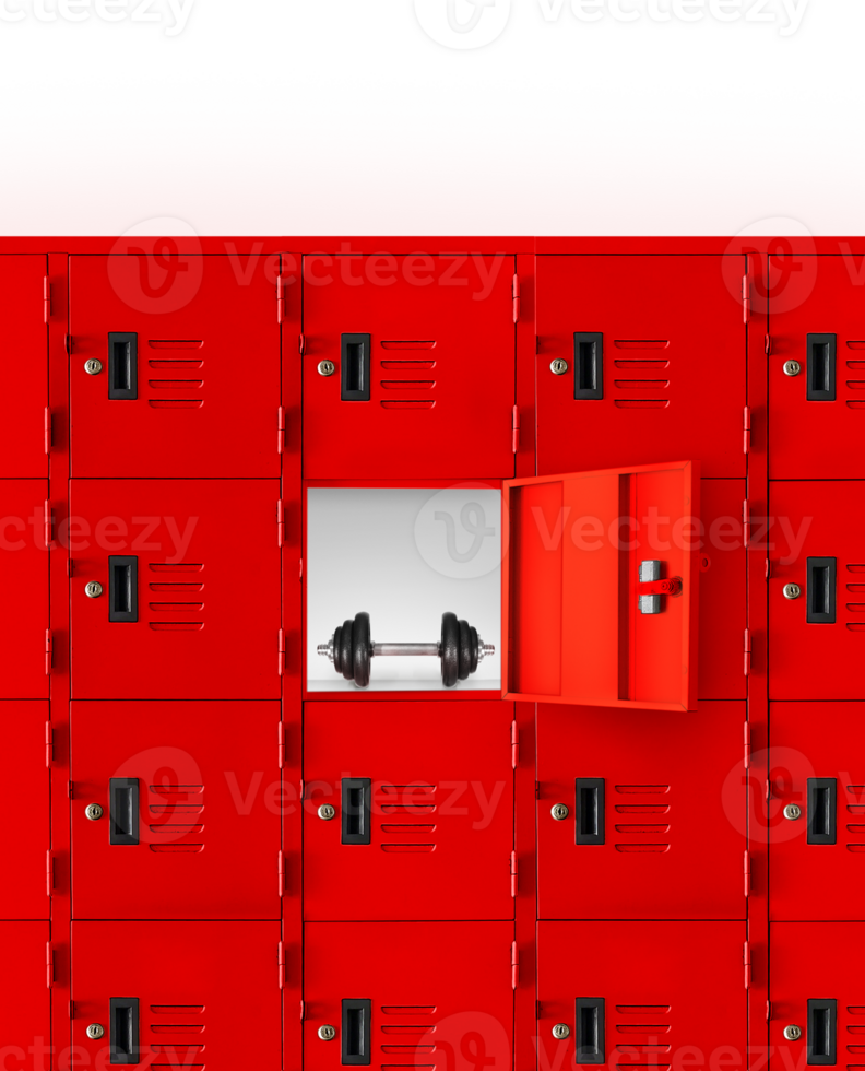 Dumbbells in the red lockers inside the gym PNG transparent