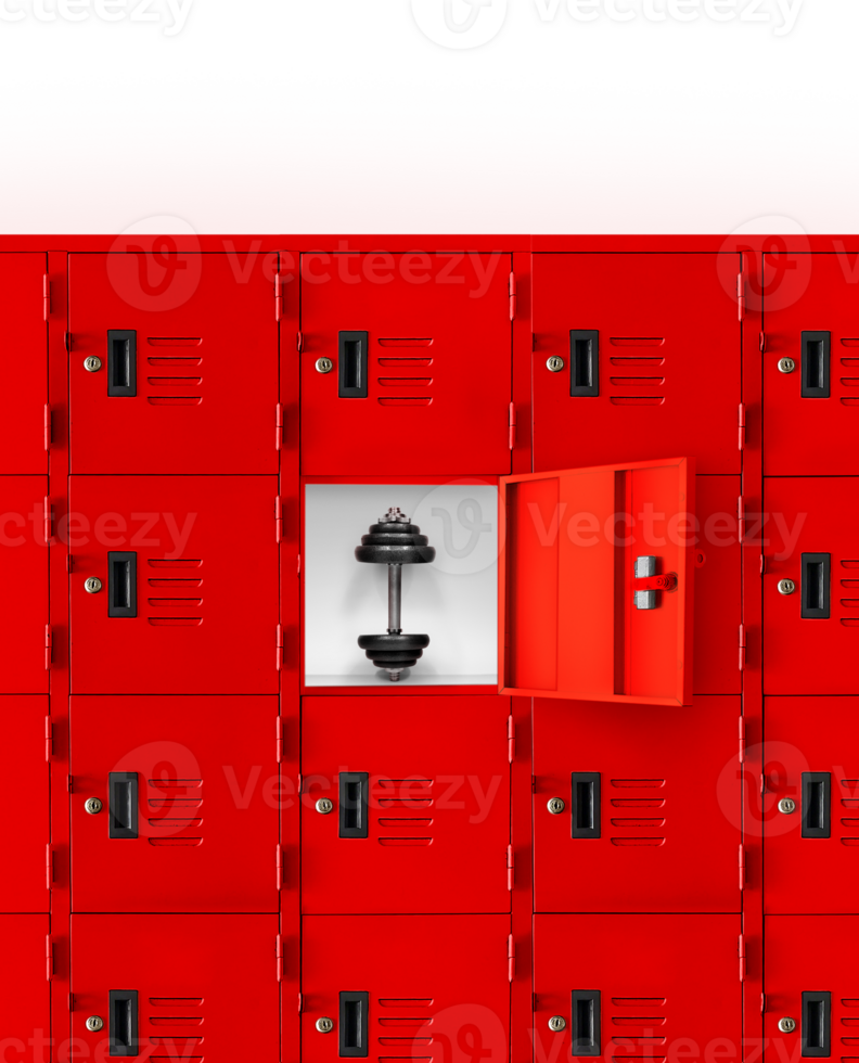 Dumbbells in the red lockers inside the gym PNG transparent