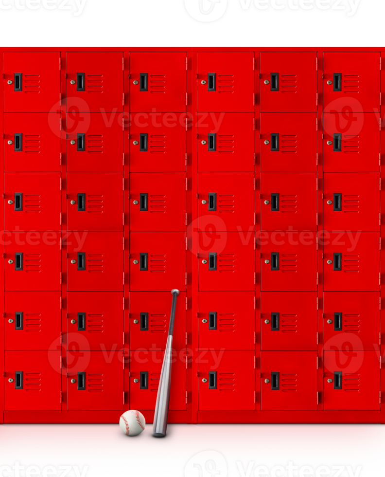 A baseball bat and a ball are placed in front of a red locker. PNG transparent