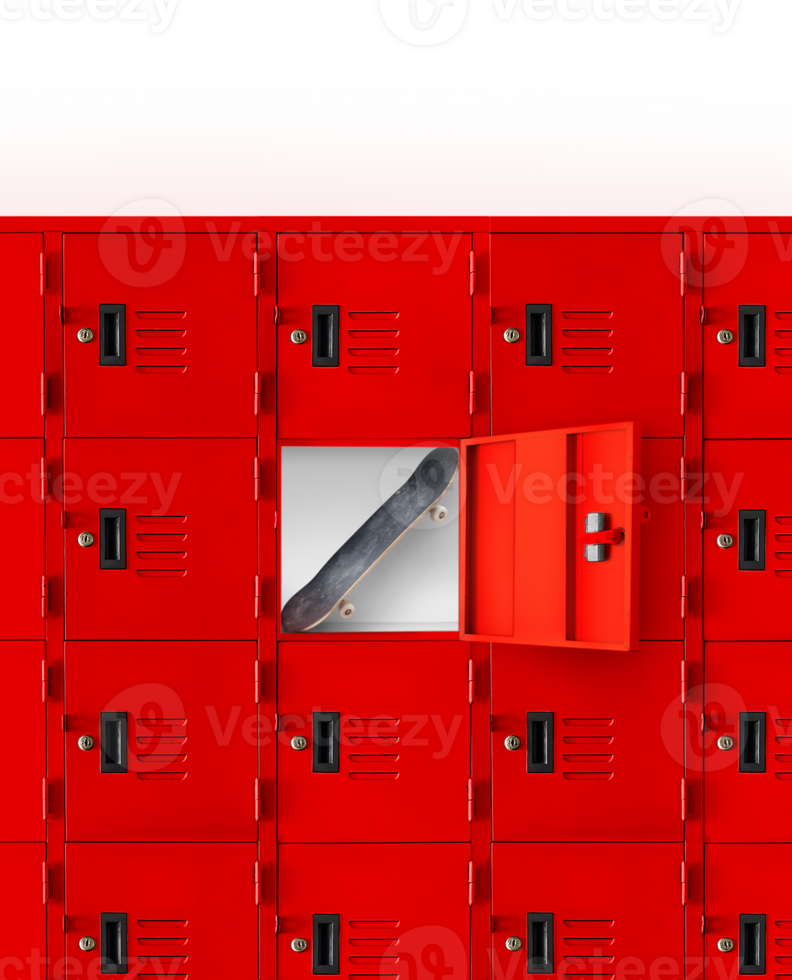 Skateboard in red locker inside gym PNG transparent