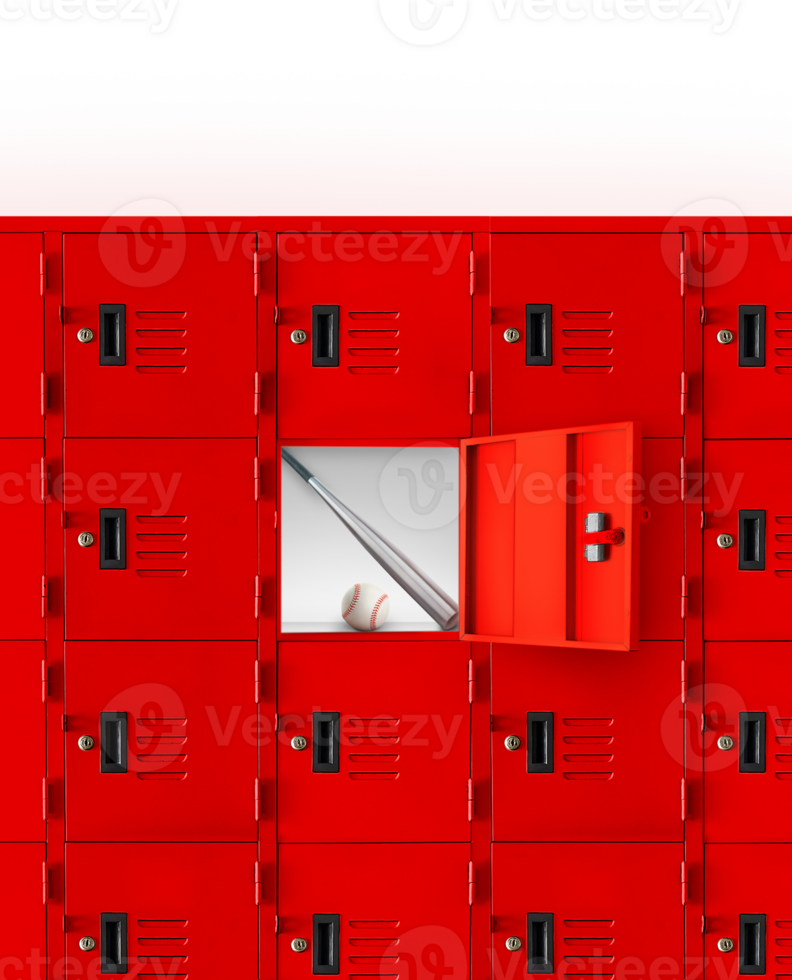 Baseball with bat inside a red locker with an open lid inside a gymnasium. PNG transparent