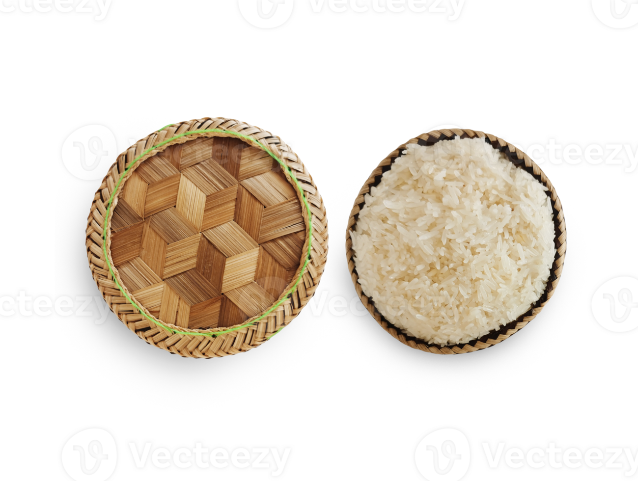 Traditional patterned bamboo box with Thai sticky rice PNG transparent