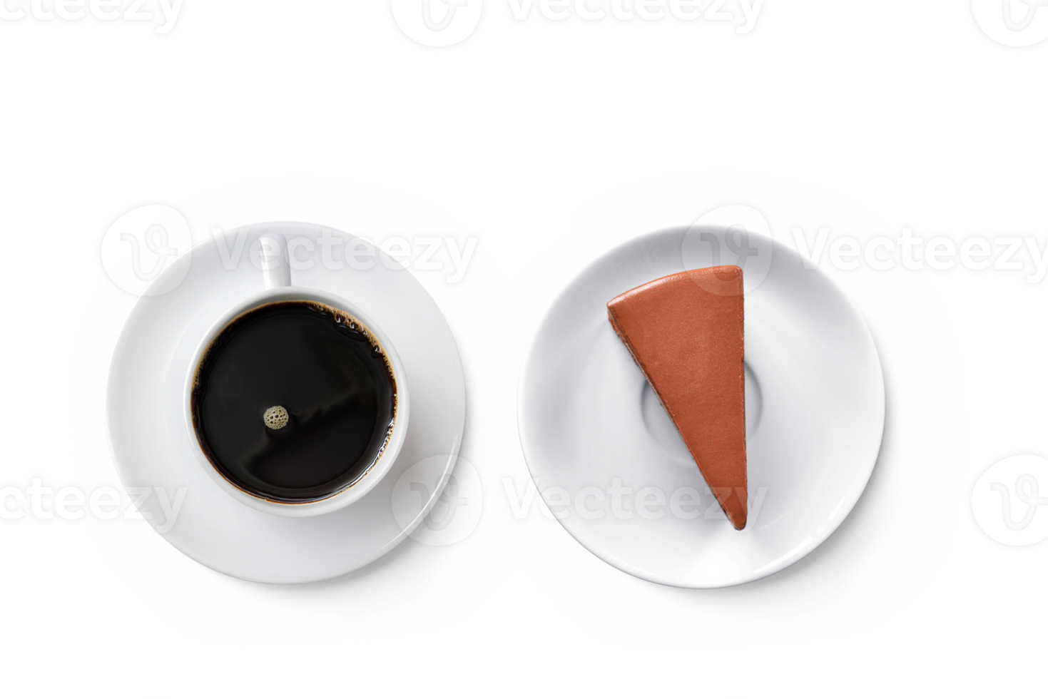 Coffee mug with chocolate cake, top view, isolated  PNG transparent
