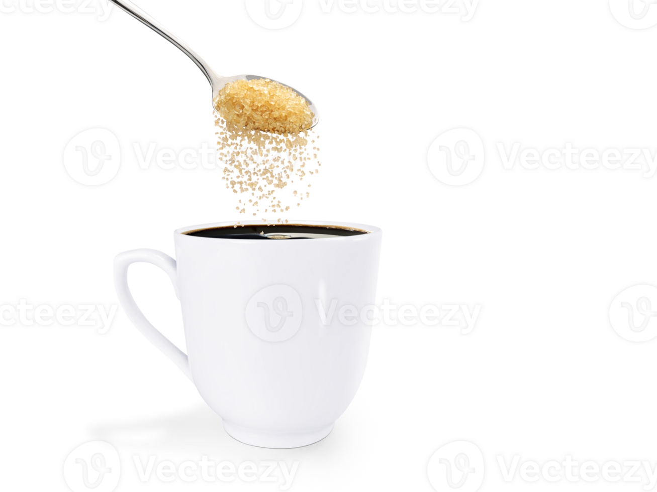 A spoonful of granulated sugar is poured into a white coffee mug. isolated  PNG transparent