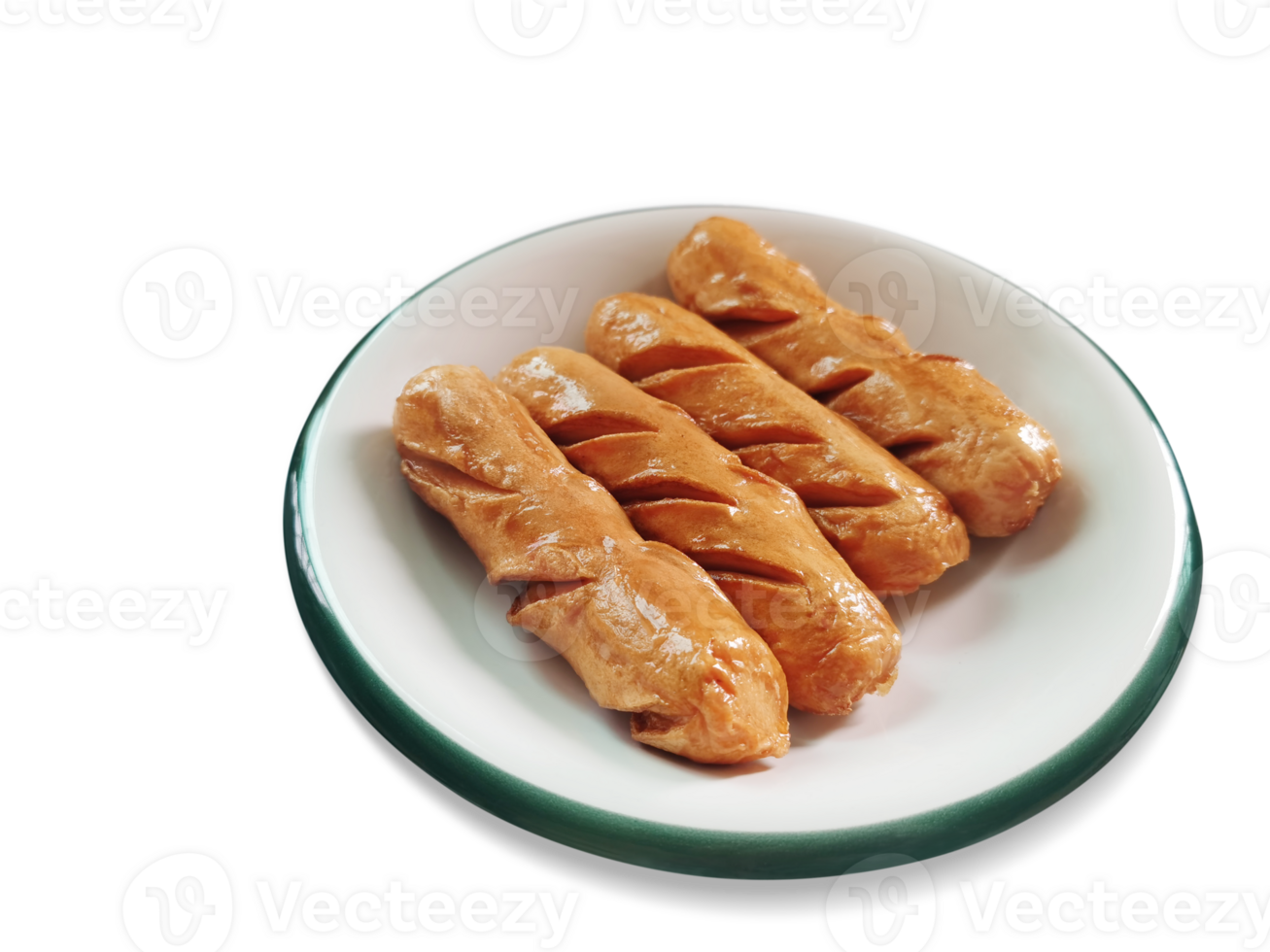 Fried sausages in white plate with green rim   PNG transparent