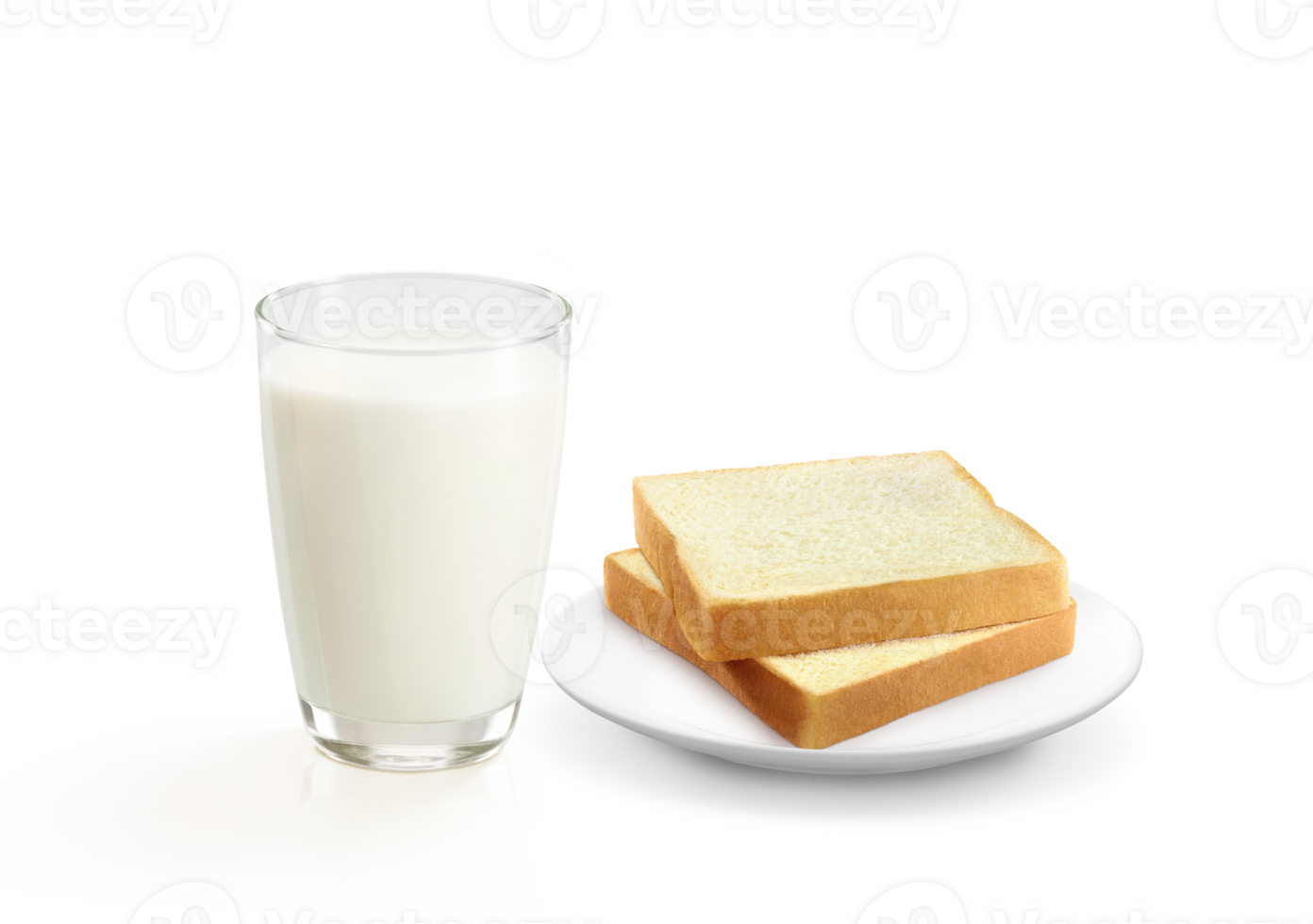 Glass of milk and plate with bread  isolated PNG transparent