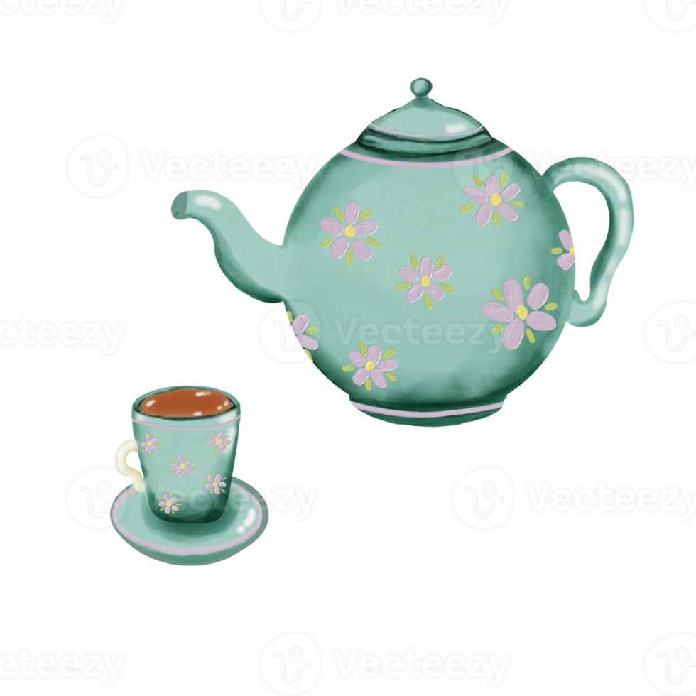 Tea cup and tea pot Spring Picnic collection hand drawn drawing illustration png