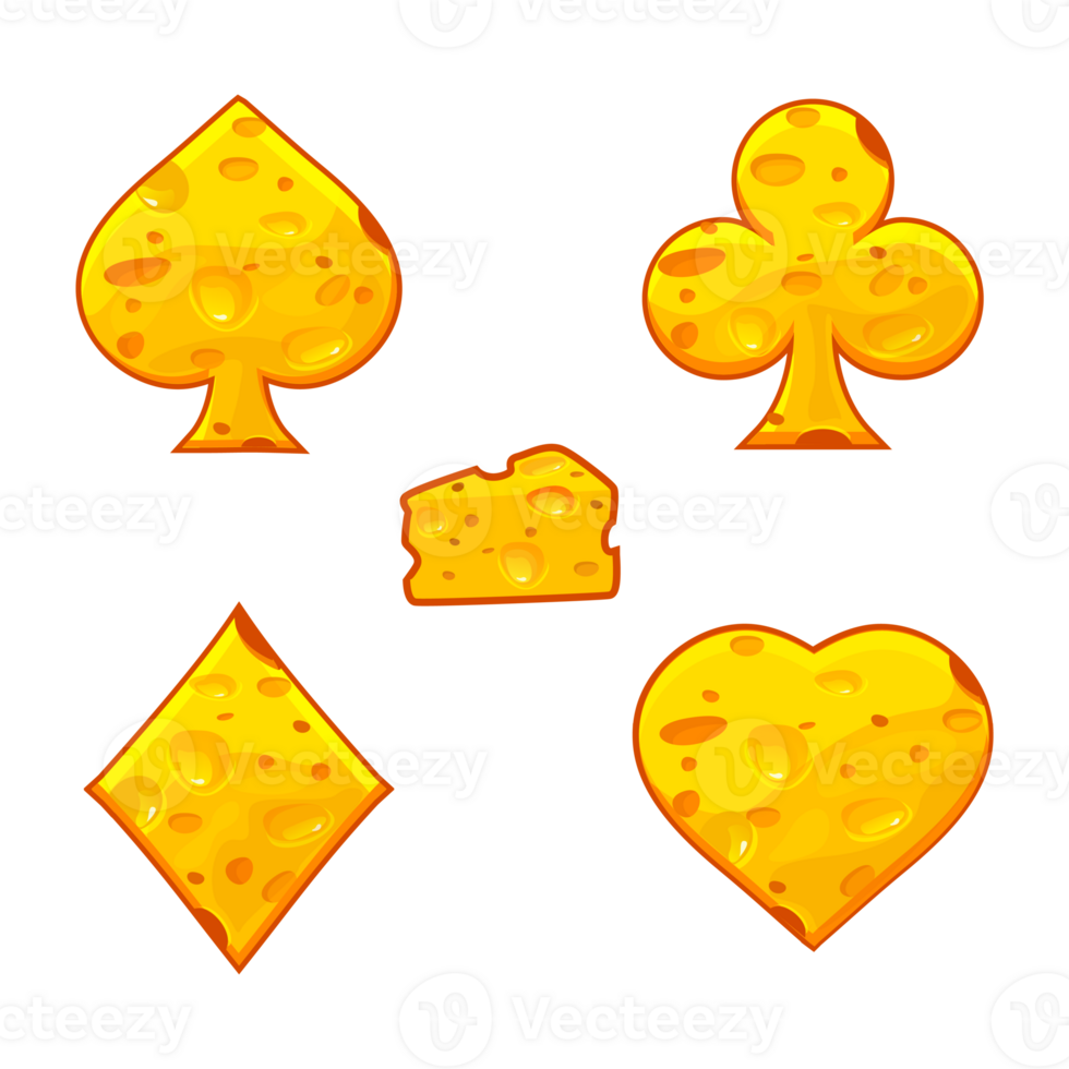 Club, spades, diamond and heart Suit Symbols in cheese texture. Cartoon icons png