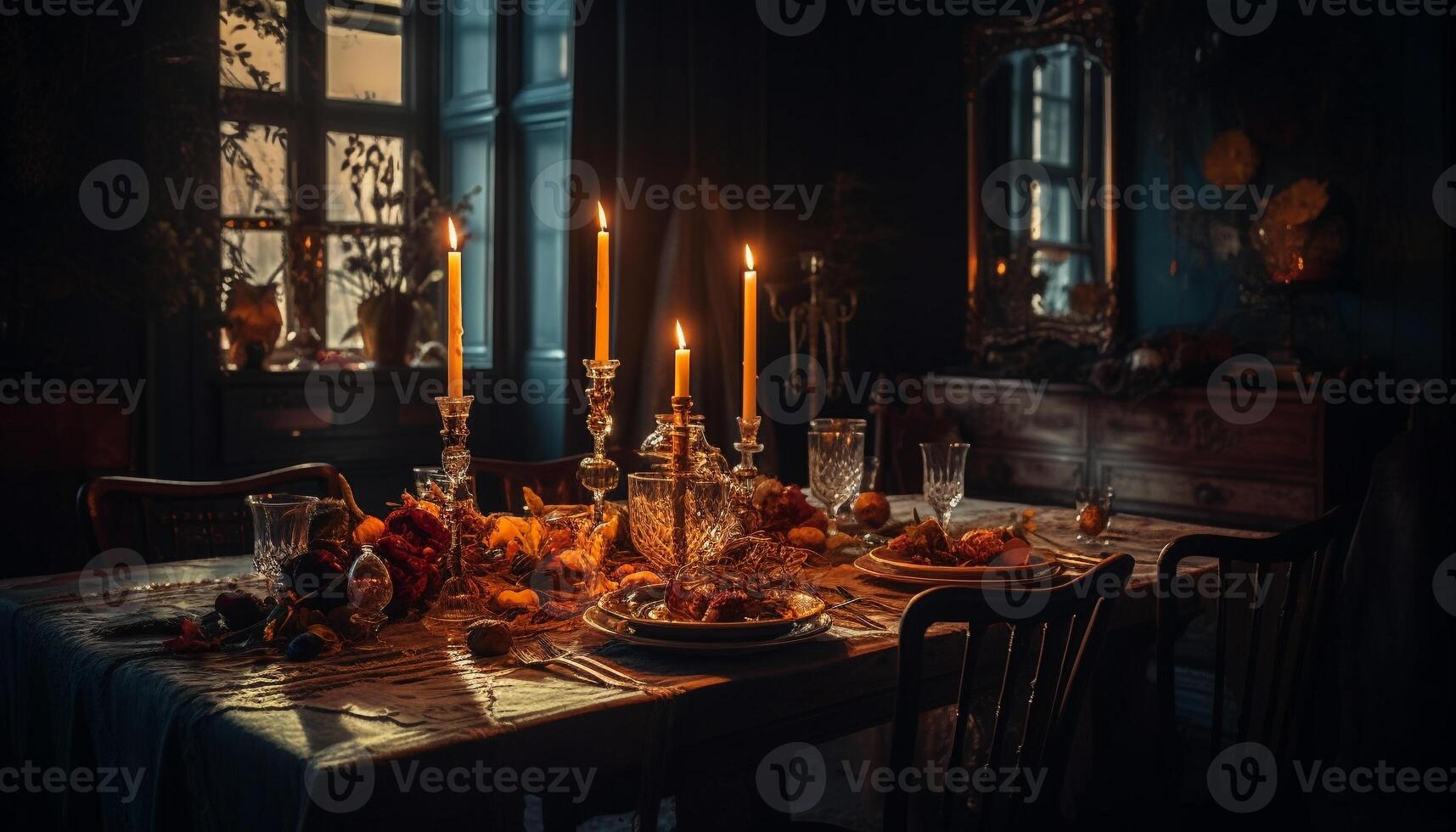 Romantic dinner party with candlelit gourmet meal generated by AI photo