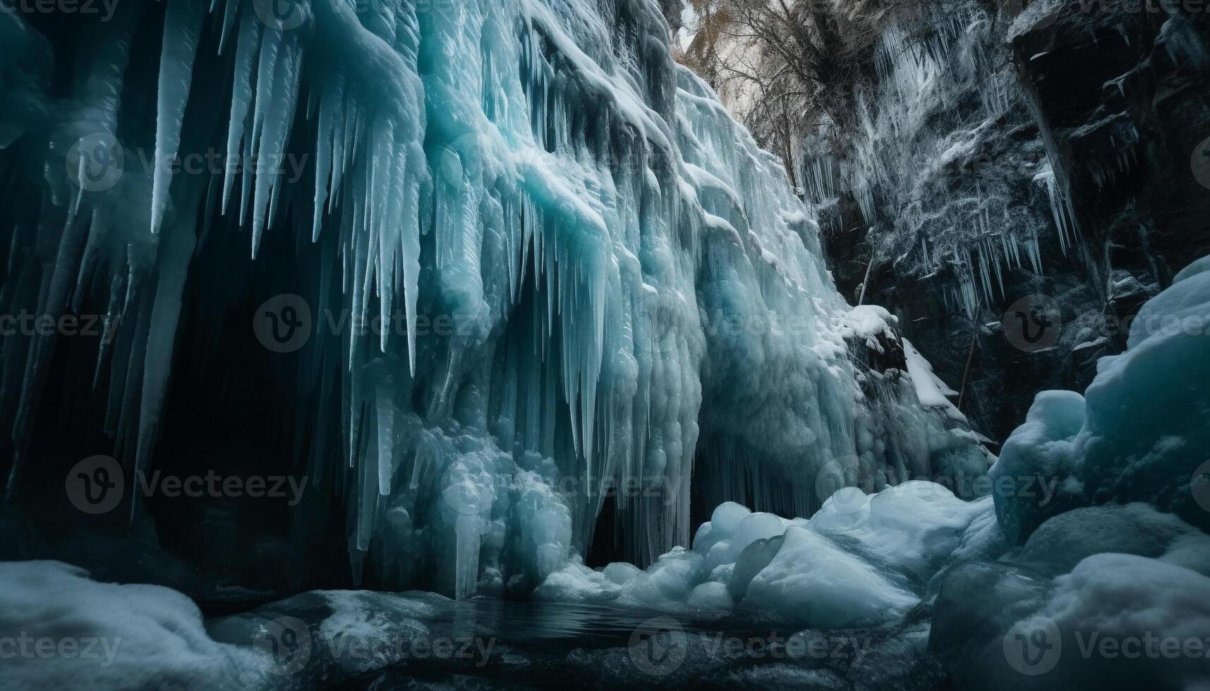 Majestic mountain range with frozen waterfall icicles generated by AI photo