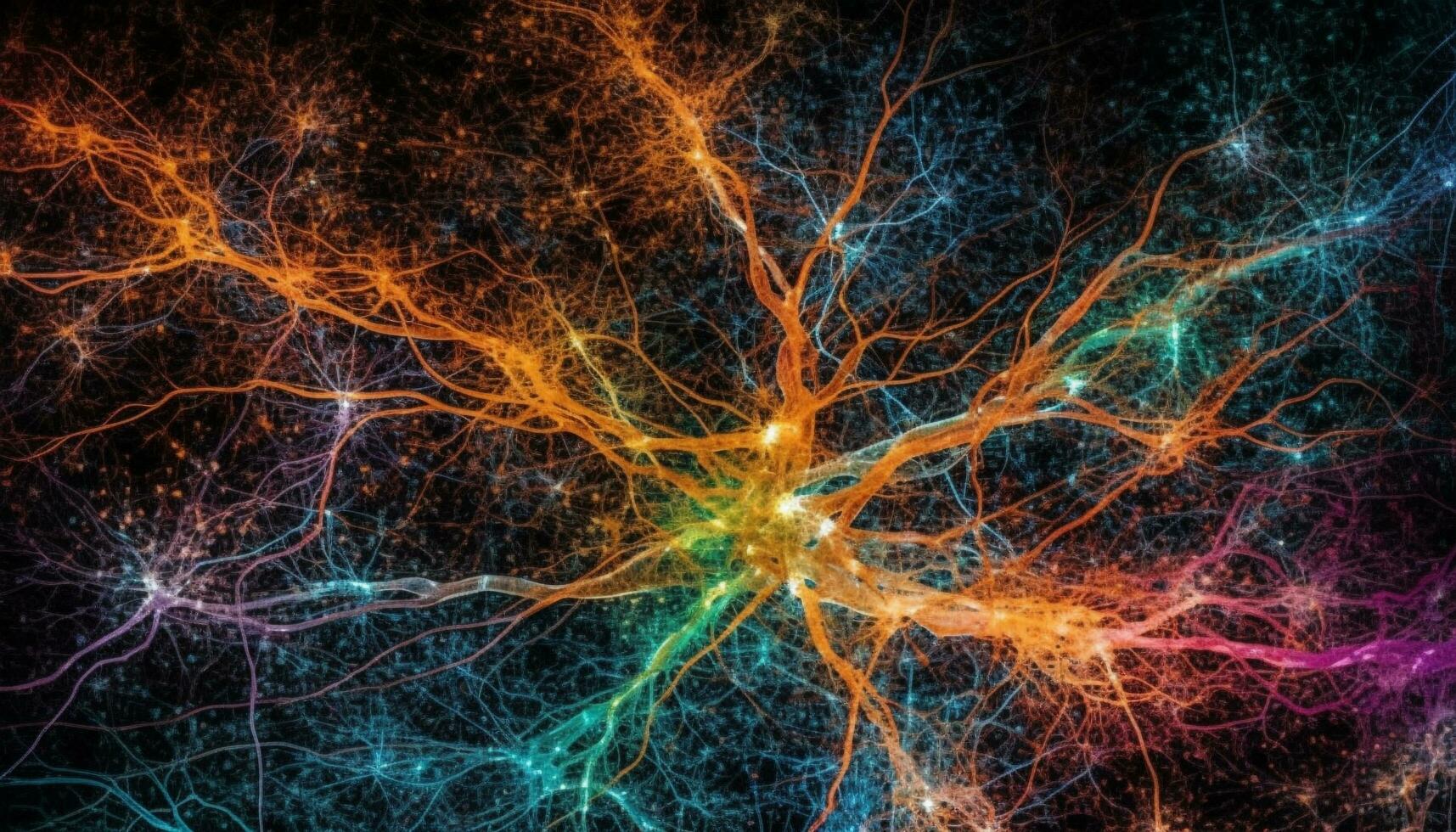 Futuristic science of glowing nerve cell synapse generated by AI photo