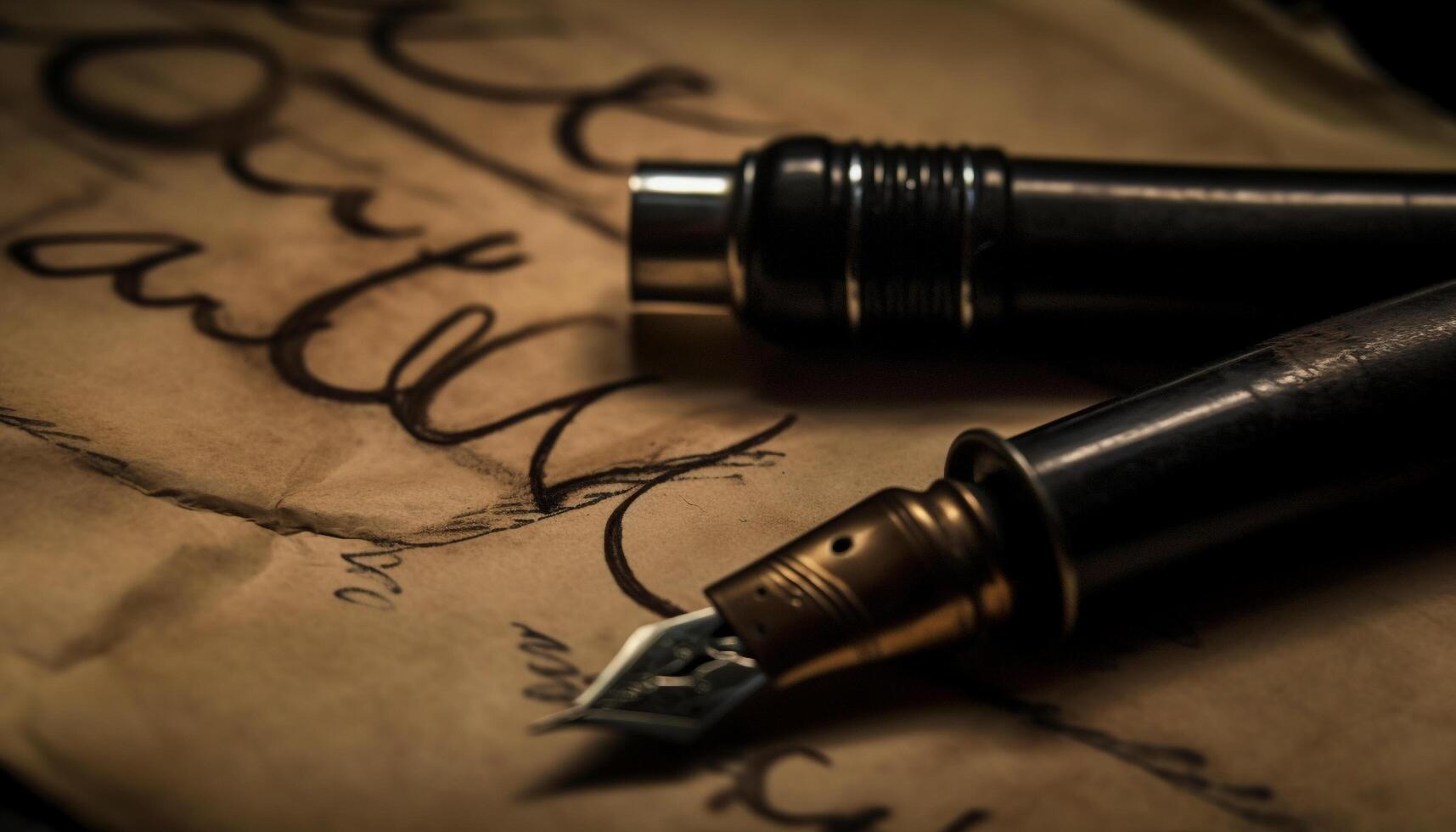 Antique fountain pen writes calligraphy on parchment generated by AI photo