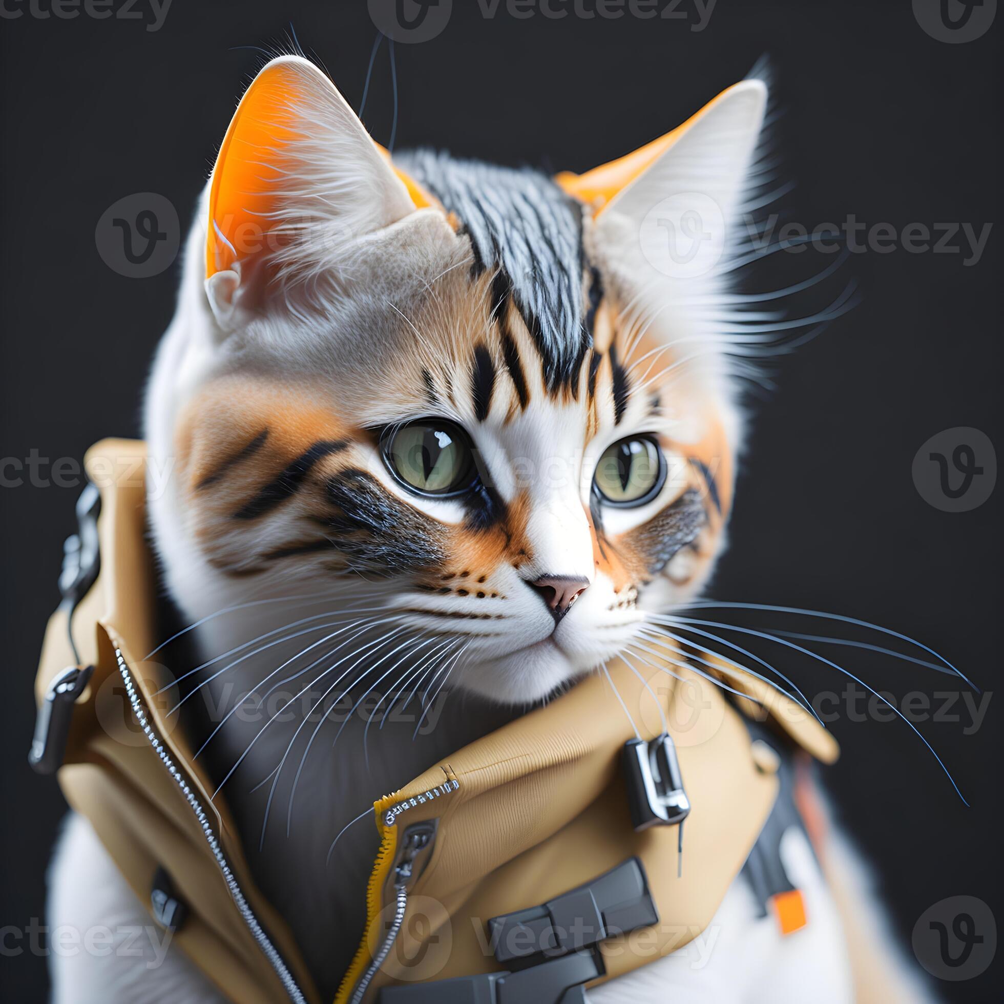 Premium AI Image  a cat wearing a coat with a yellow jacket on it