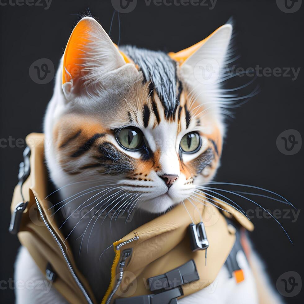 isometric view of a mini cute hyper realistic futuristic soldier cat wearing cyberpunk jacket with dark background, photo