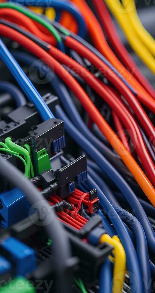 Colorful wire harness and plastic connectors for vehicles, automotive industry and manufacturing photo