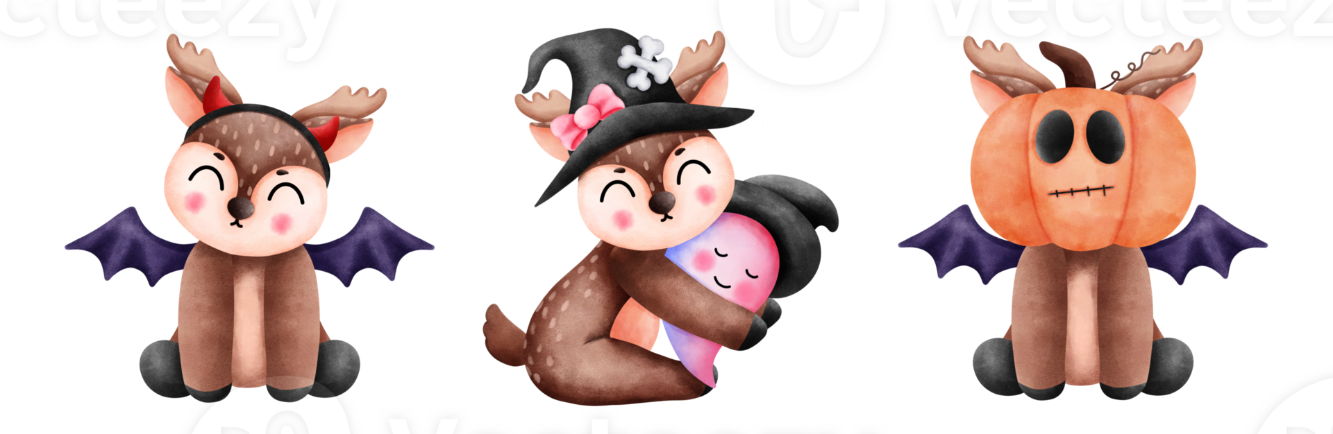 Festive halloween reindeer set.Witch wings, red horns, black hat, pink