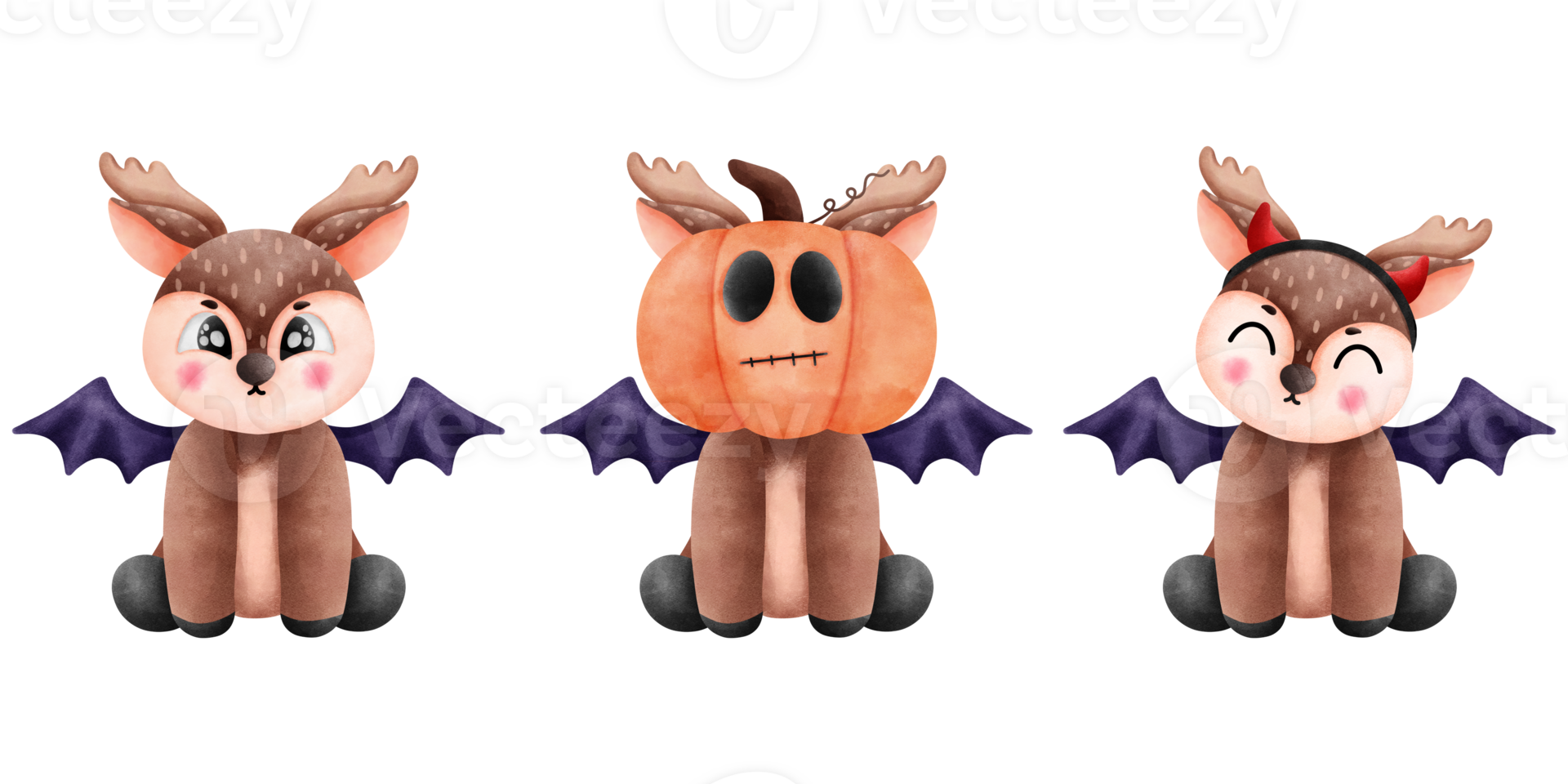 Whimsical watercolor halloween animal set. Cute reindeer, witch wings