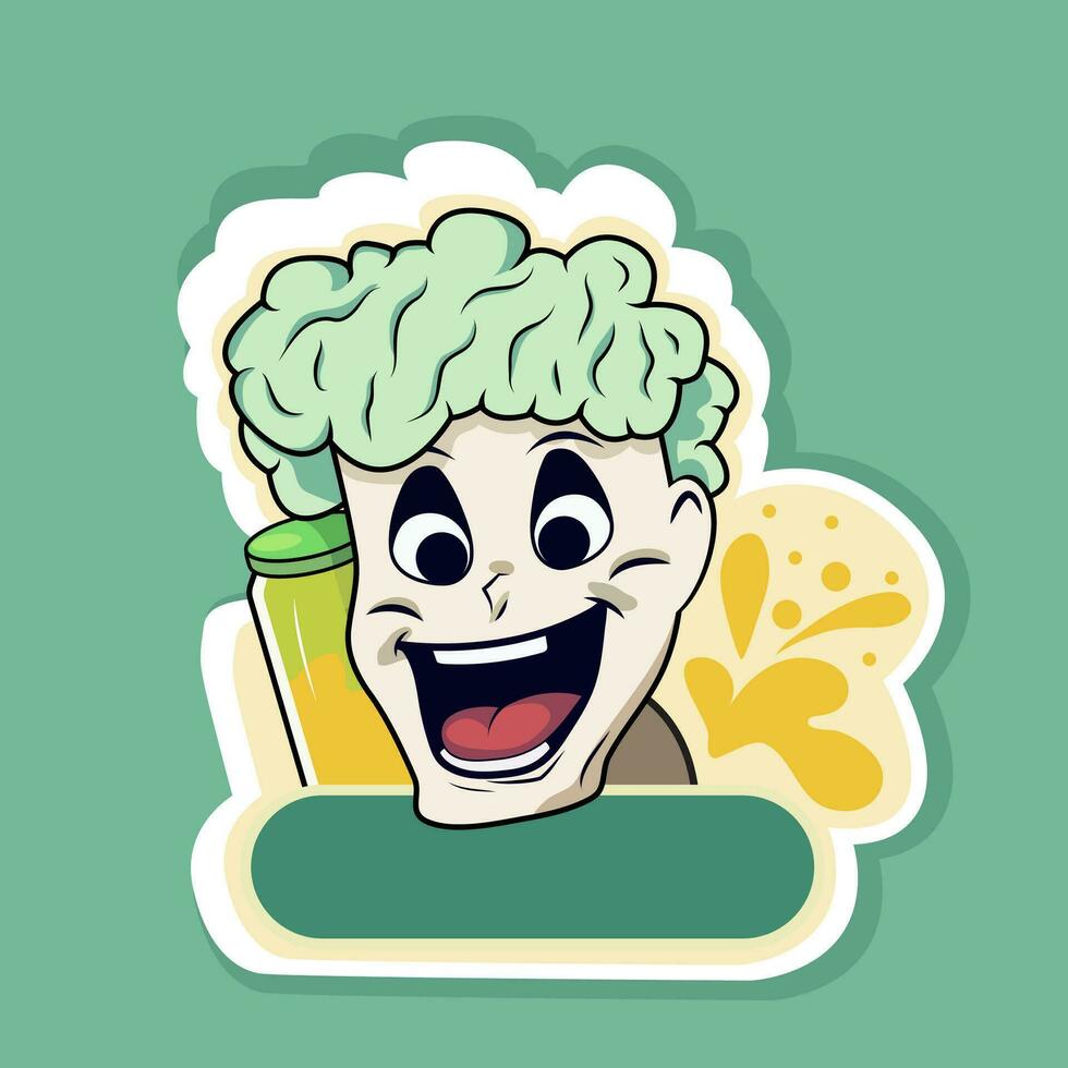 Sticker Style Laughing Boy Character with Bottle on Green Background. vector