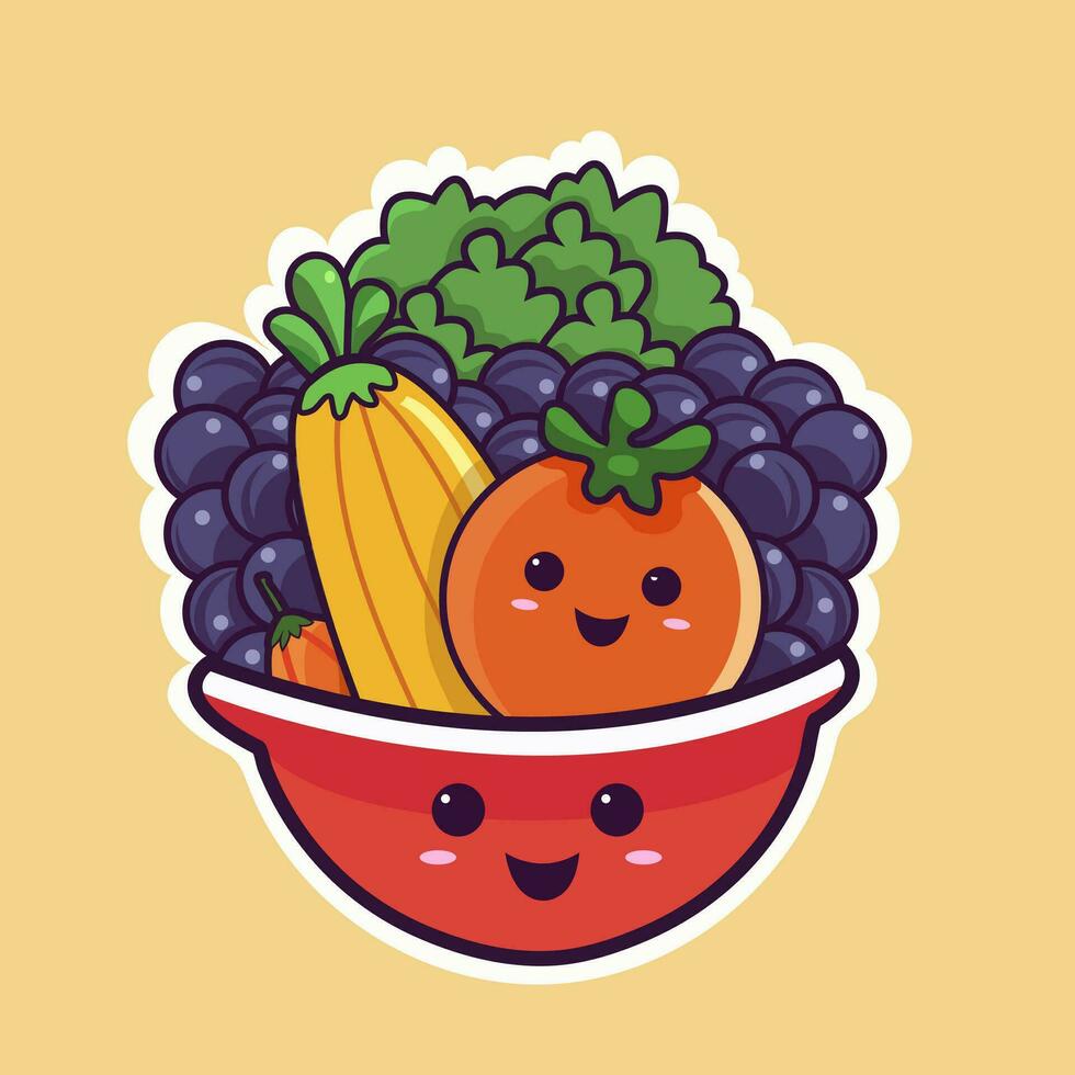 Sticker Style Fruit Bowl Mascot on Yellow Background. vector