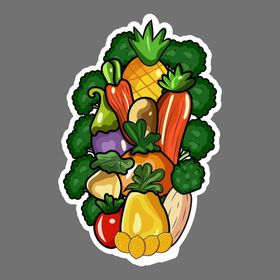 vegetal y Fruta surtido en pegatina estilo. vector