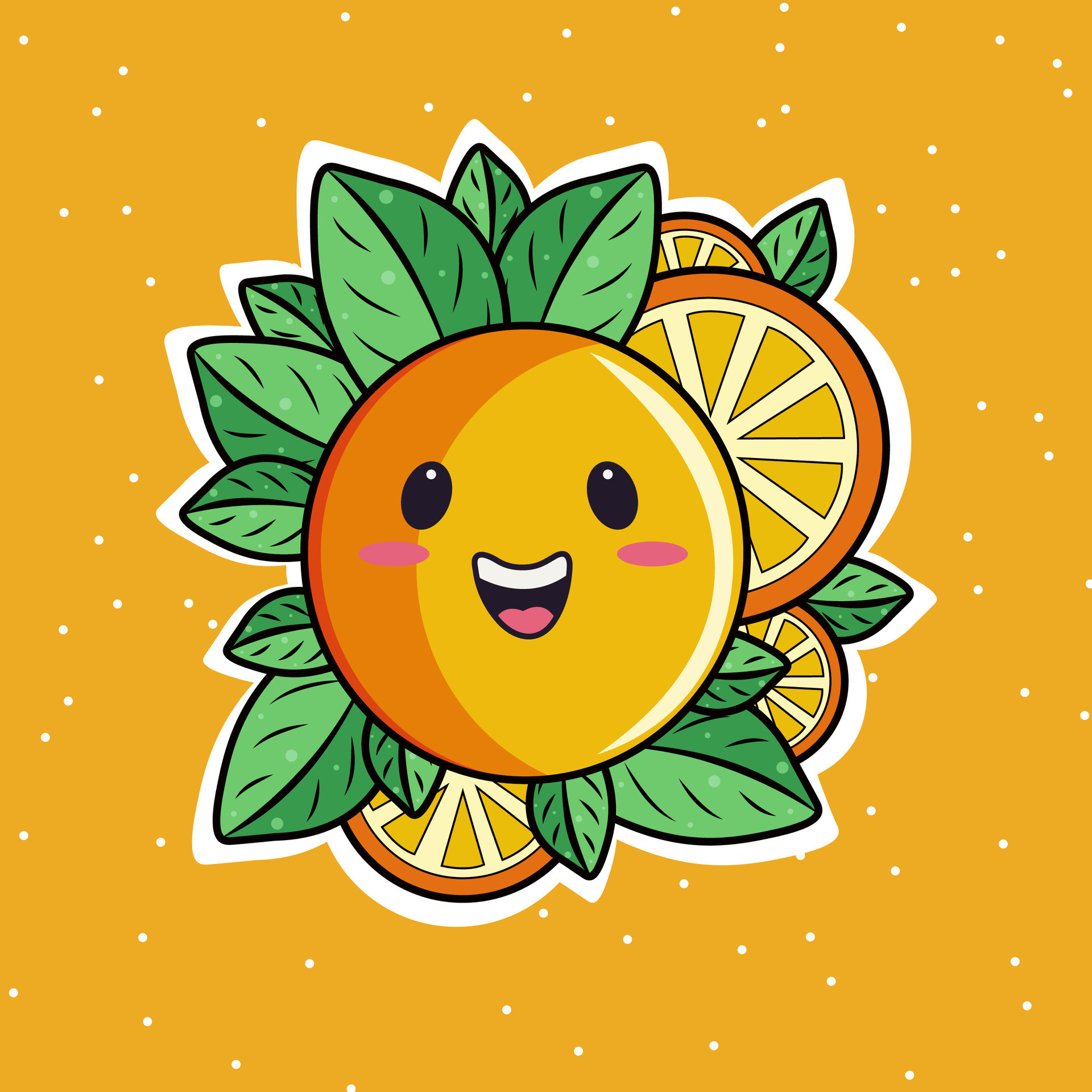 Happy Orange Mascot with Cut Slice and Leaves in Sticker Style