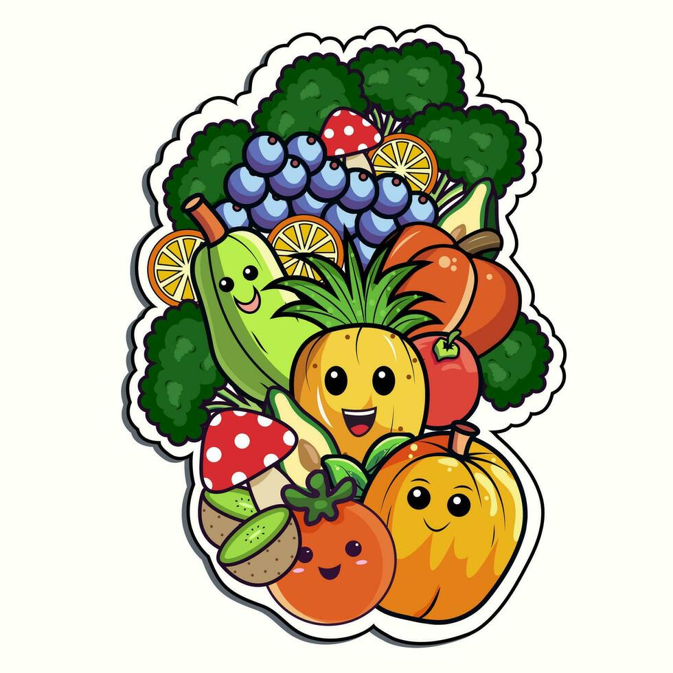 surtido comida dibujos animados personaje de vegetal y fruta. vector