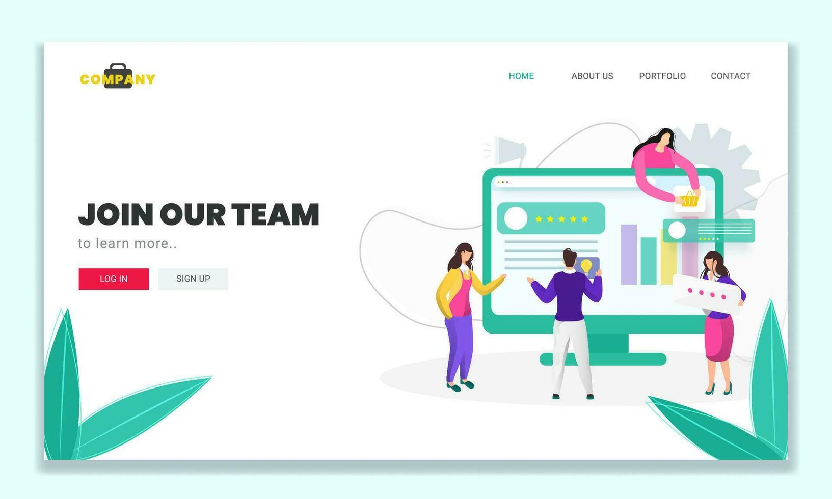 Join Our Team Based Landing Page with Illustration of Business Man and Women Working Together to Maintain the Website in Computer. vector