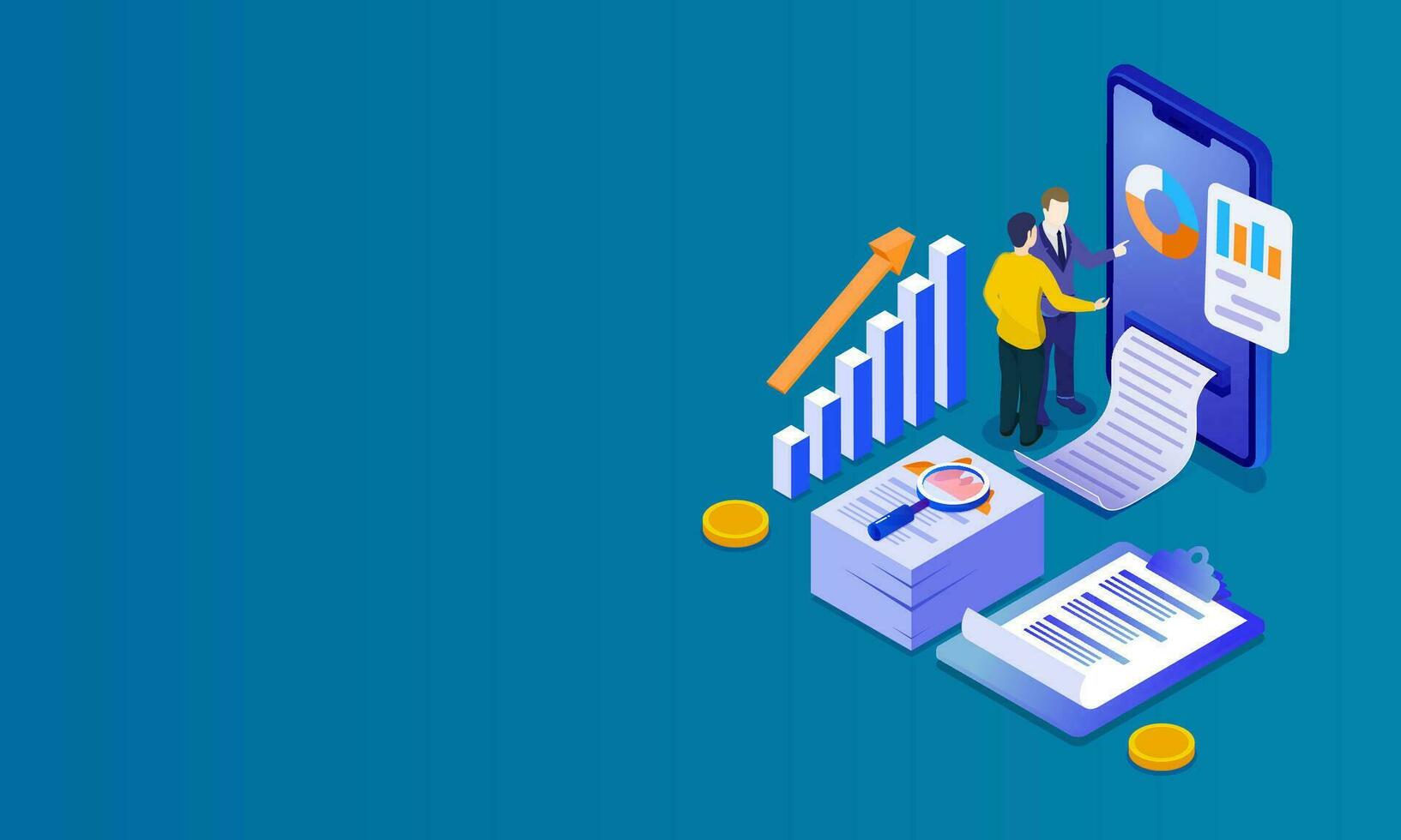 3d ilustración de dos empresarios comprobación datos desde teléfono inteligente con infografía gráfico con papel y monedas en azul antecedentes. vector