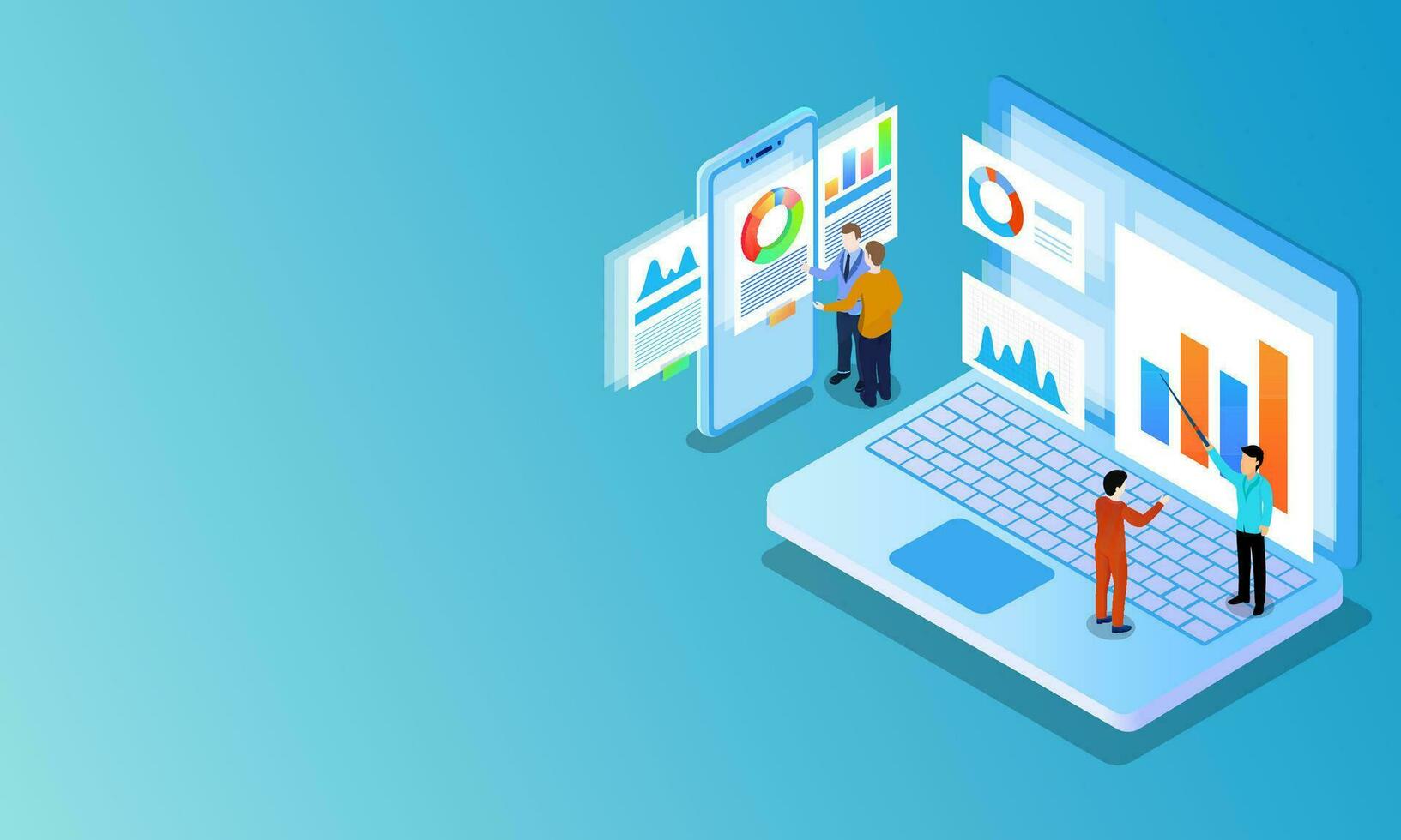 Miniature Businessmen Using Smartphone, Laptop and Forex Info Chart Screen for Business Growth or Data Analysis Concept. vector