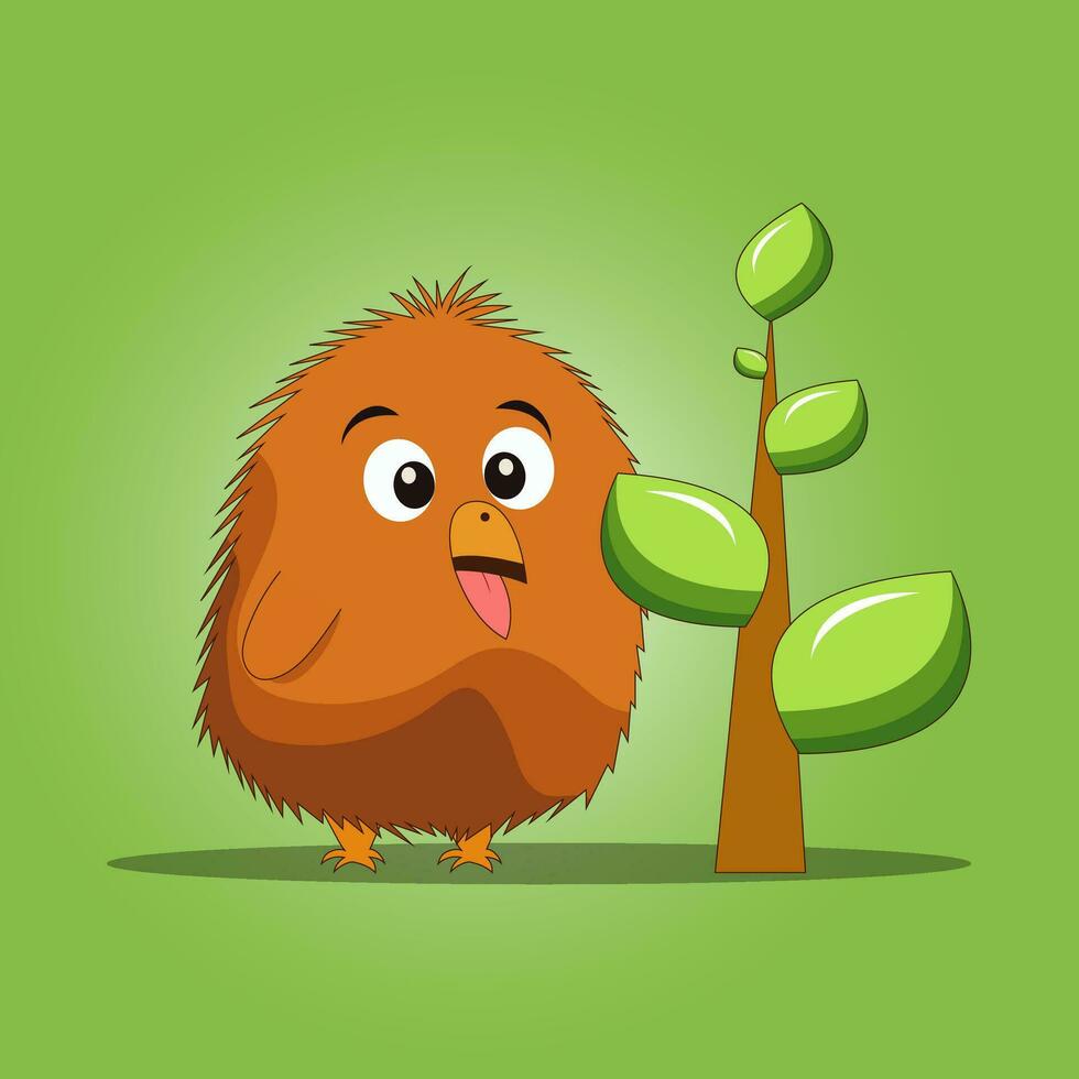 Orange Hairy Fuzzy Bird Eating Leaf of Tree on Green Background. vector