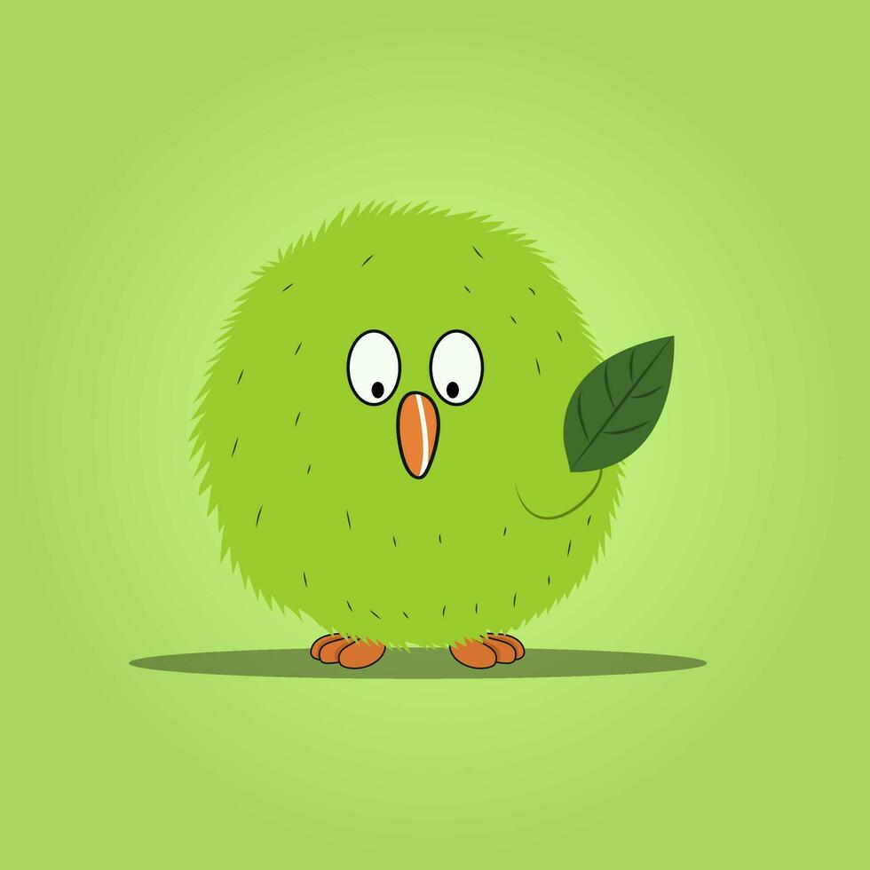 Vector Illustration of Cute Green Fuzzy Bird Character.