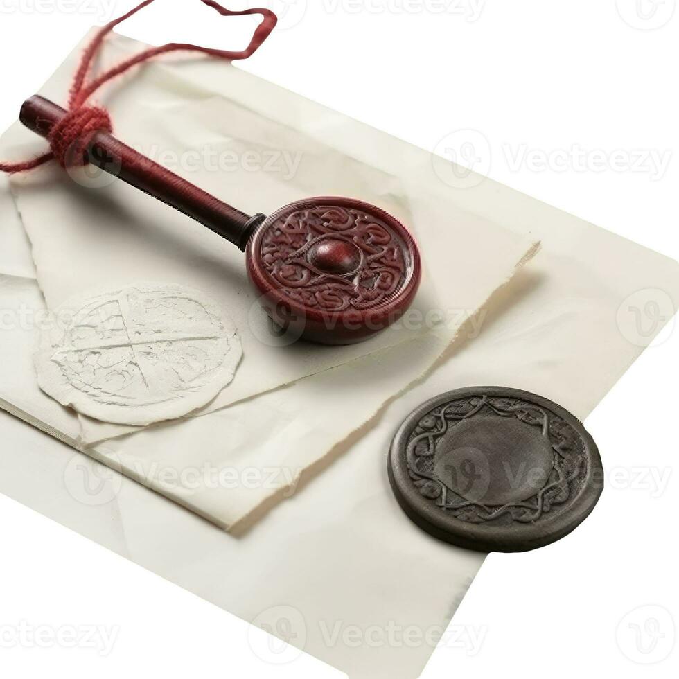 Top View of Old Letters With Wax Seal And Stamp. photo