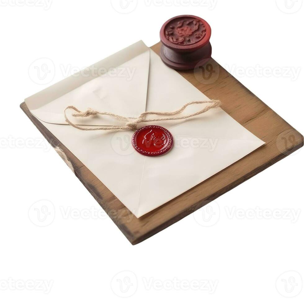 Top View of Red Wax Sealed White Old Letter Envelope on Wooden Board. photo